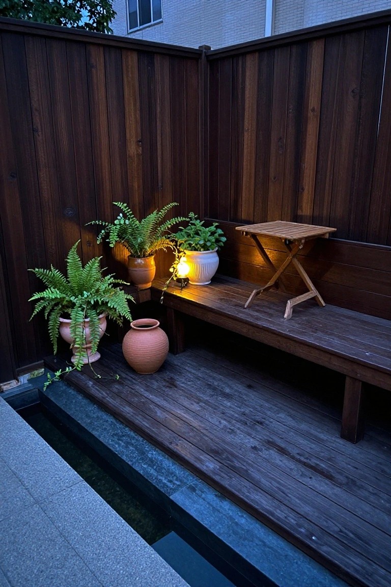 A wooden deck with a built-in bench against a dark fence, several potted plants, a small folding table, and warm lighting from a lantern.