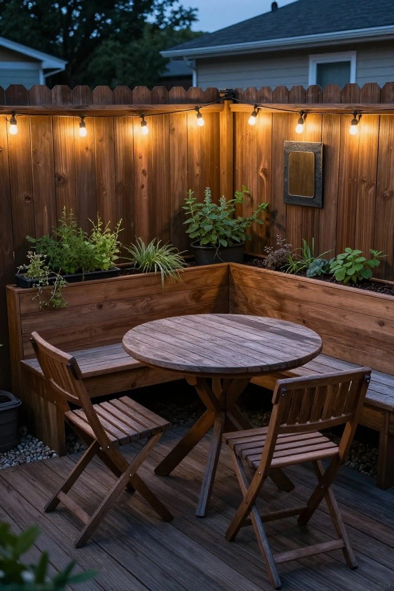 A wooden patio featuring a round table with two folding chairs, built-in benches, and raised planters along a tall fence lined with string lights.