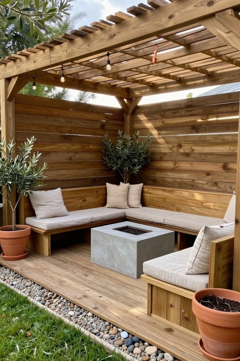 Wooden patio with a pergola, L-shaped built-in benches with cushions, a square concrete fire pit in the center, and potted plants along the perimeter.