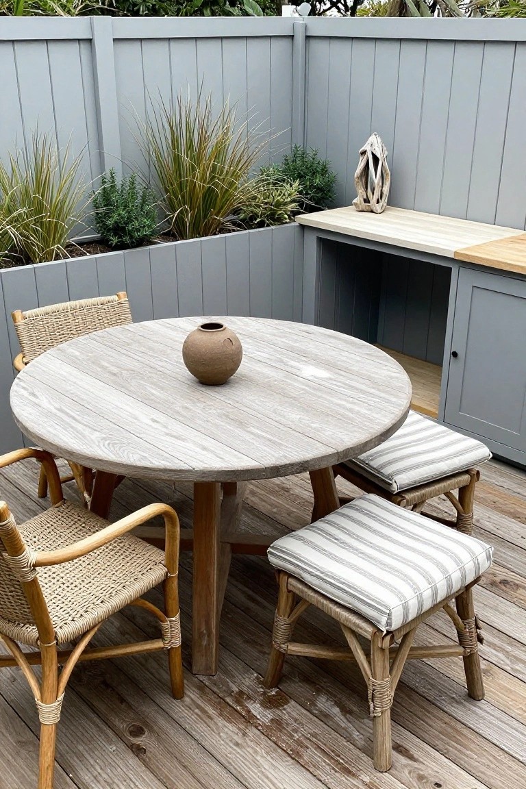 A round wooden table with woven chairs and striped stools sits on a deck beside a gray built-in cabinet with a light wood countertop.
