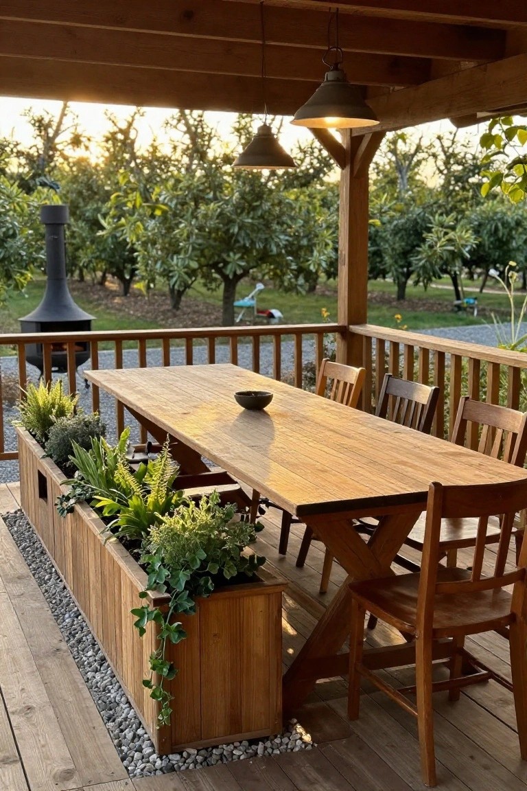 A long wooden dining table with chairs on a deck next to a built-in wooden planter box filled with green plants and vines.