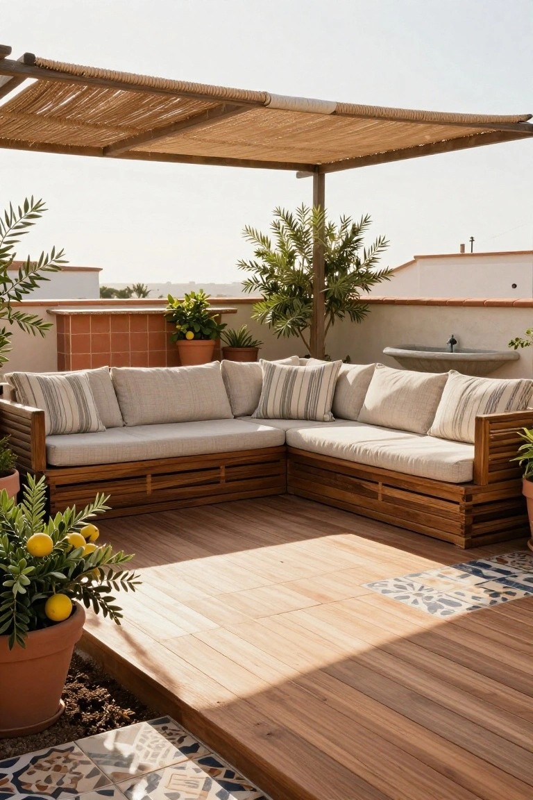 An L-shaped wooden built-in bench with cushions on a deck patio, shaded by a thatched canopy and surrounded by potted plants.