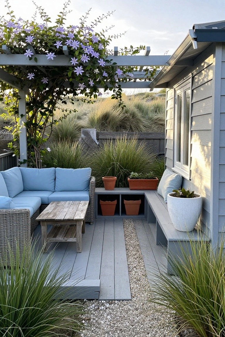 A gray wooden deck patio with light blue sectional sofa, wooden coffee table, built-in gray bench with storage cubbies holding terracotta pots, white planter, and pergola with purple flowering vines beside a house.