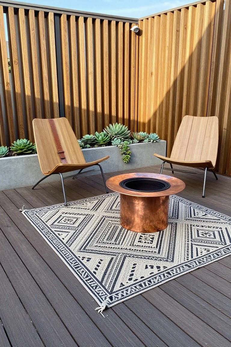 Two wooden lounge chairs sit on a dark wooden deck facing a copper fire pit placed on a patterned rug, with vertical wood fencing and concrete planters behind.