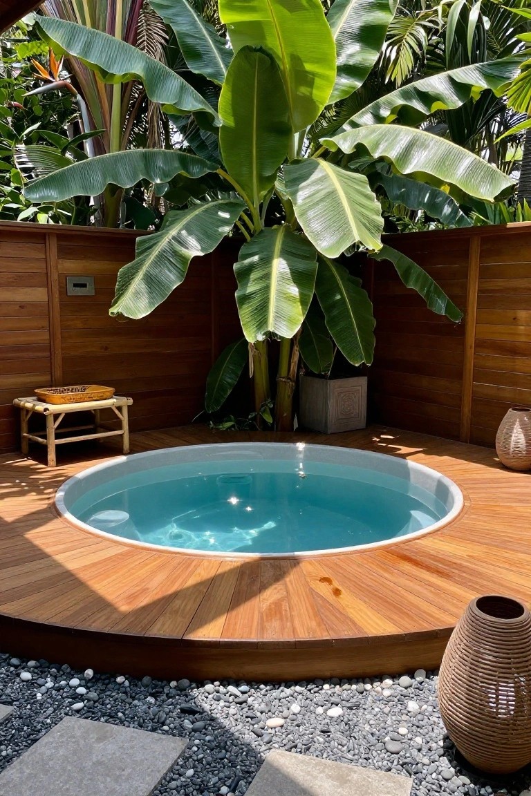 A round pool filled with blue water sits inside a circular wooden deck, surrounded by large tropical plants and a wooden fence, with gravel and stone pavers in the foreground.