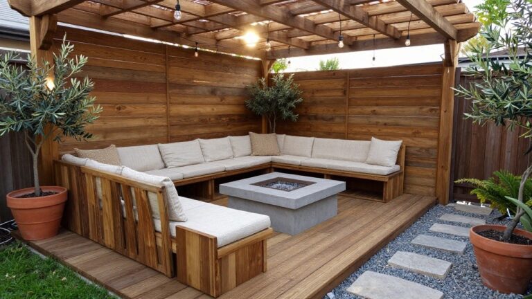 Wooden patio with a pergola, L-shaped built-in benches with cushions, a square concrete fire pit in the center, and potted plants along the perimeter.