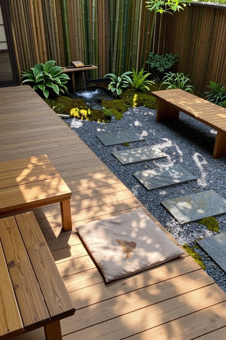 Wooden deck with cushions beside gravel path, stepping stones, and bamboo water feature