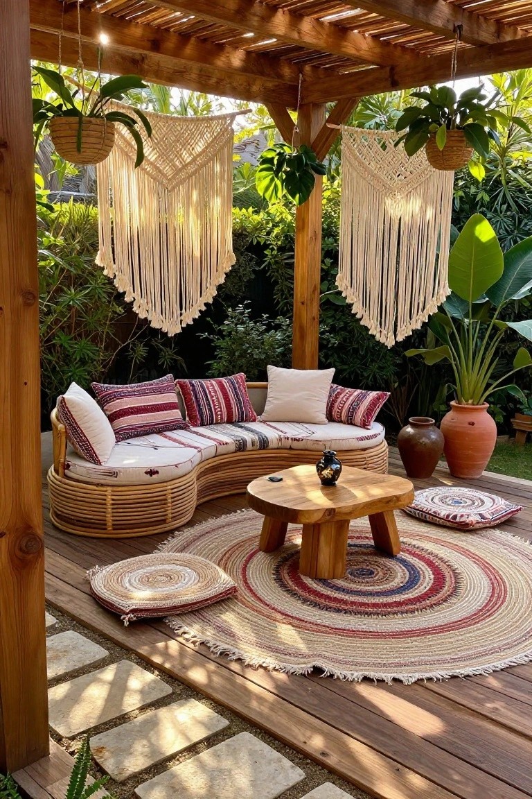 A wooden deck patio under a pergola with curved rattan seating, striped cushions, a round rug, low table, and two large macrame hangings.
