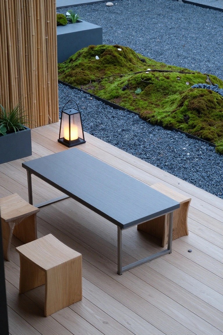 A low gray table with wooden stools and a lantern on a light wood deck, next to a gravel path and raised moss garden.