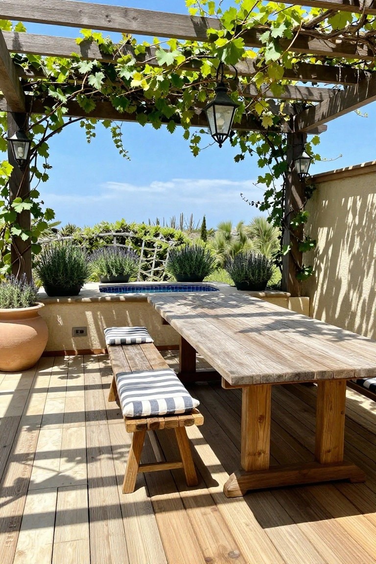 A long wooden dining table with benches sits under a vine-covered pergola on a deck next to potted plants and a small pool.