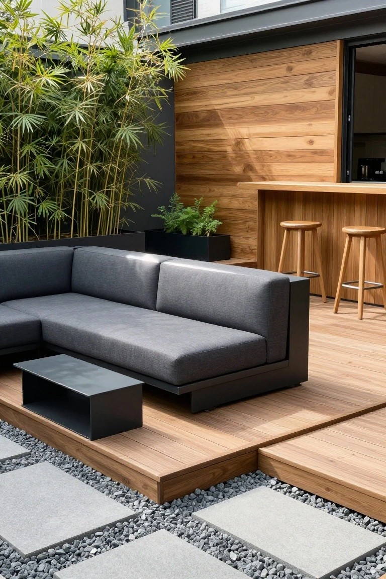 Contemporary outdoor lounge with gray sectional sofa, wooden bar, and bamboo plants