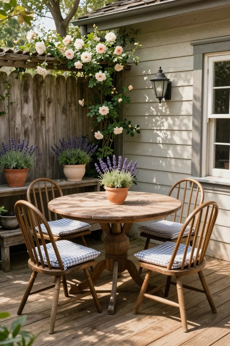 A round wooden patio table with four spindle-back chairs sits on a deck, surrounded by terracotta pots of lavender and climbing roses on a trellis beside a house.
