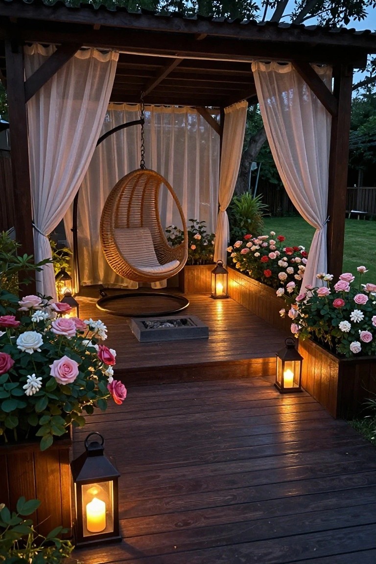 Cozy wooden gazebo with hanging wicker chair, glowing lanterns, and rose bushes at dusk
