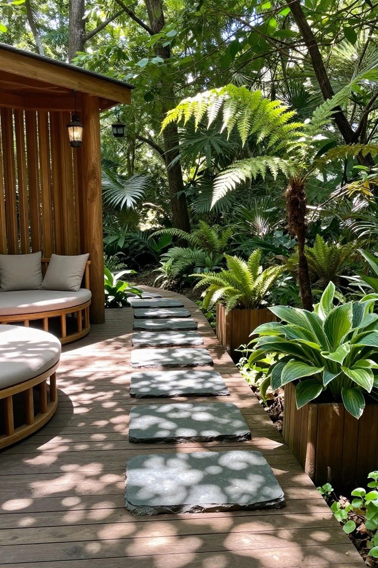 A wooden deck with gray stone stepping stones forming a path, round wooden seating on the left, and dense green ferns and plants on both sides.