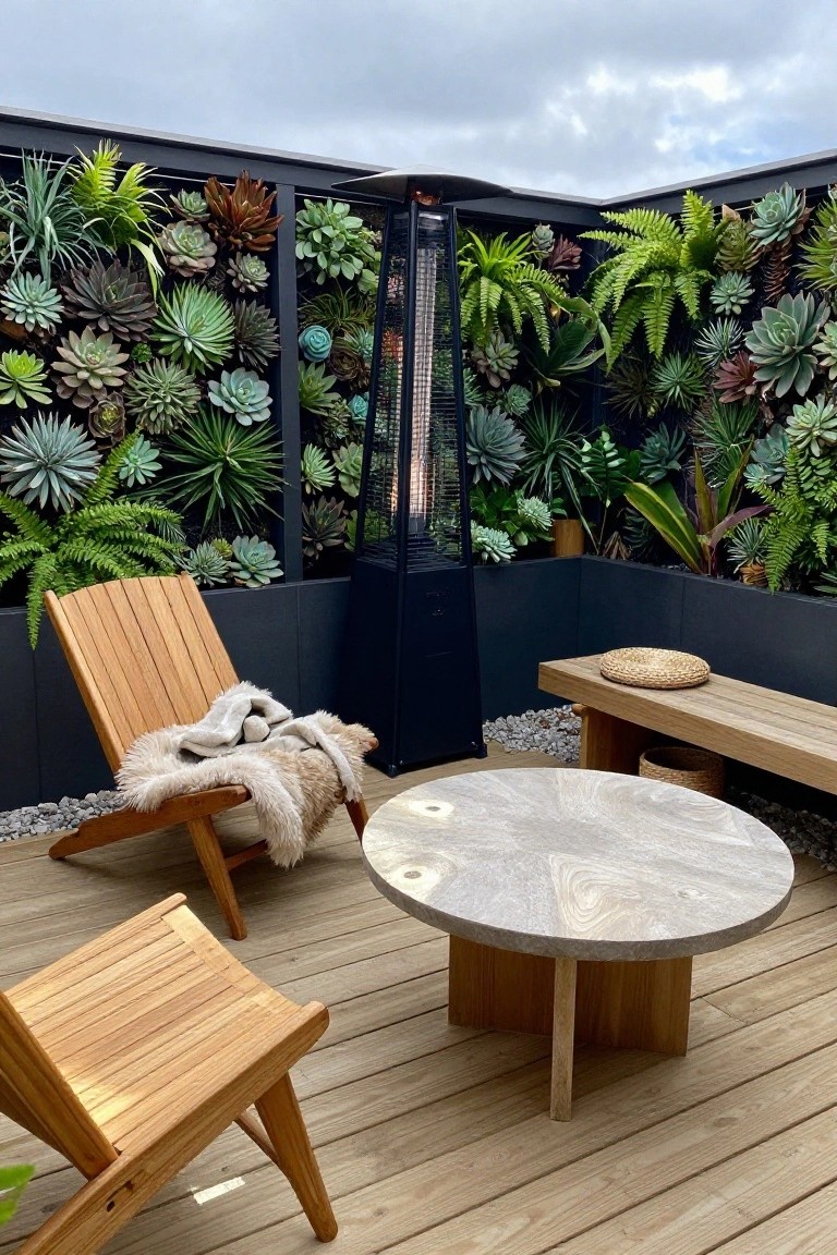 A wooden deck patio with lounge chairs, a round stone table, a tall heater, and a dark wall covered in a dense arrangement of green plants and succulents.