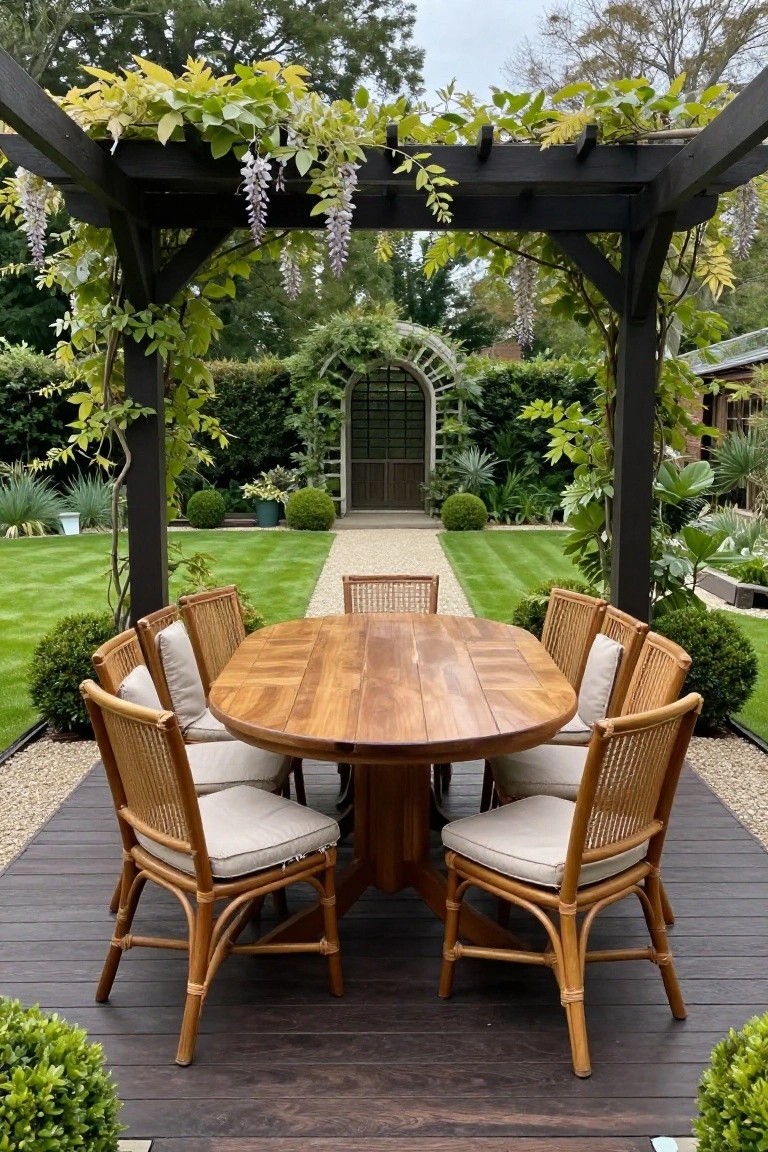 Round wooden table with six cushioned rattan chairs under vine-covered pergola in garden