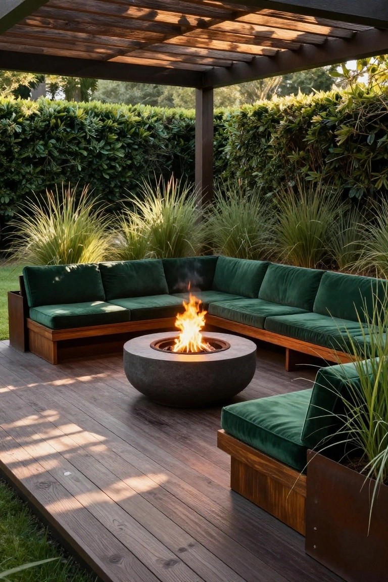 Curved green velvet sofa around lit fire pit on wooden deck under pergola