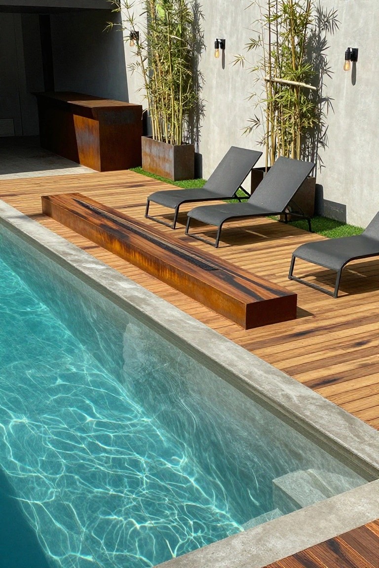 A swimming pool with a long wooden bench integrated into the surrounding deck, several gray lounge chairs, and tall bamboo plants in metal planters.