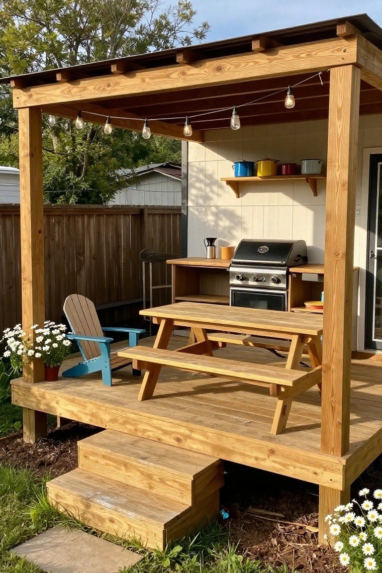 A raised wooden deck with a pergola overhead, a picnic table, a built-in grill area, and a blue Adirondack chair.