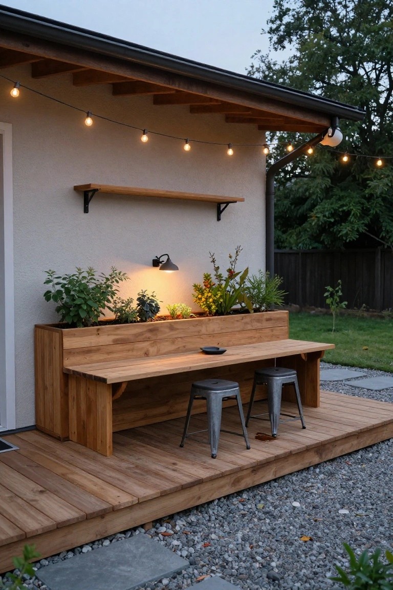 A raised wooden deck with a long built-in bench attached to a planter box, two metal stools beneath the bench, string lights above, and plants growing in the box.