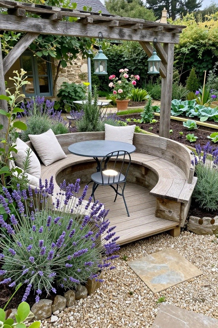 A raised wooden deck with a curved built-in bench, round table, and single chair under a pergola, surrounded by lavender plants and gravel.