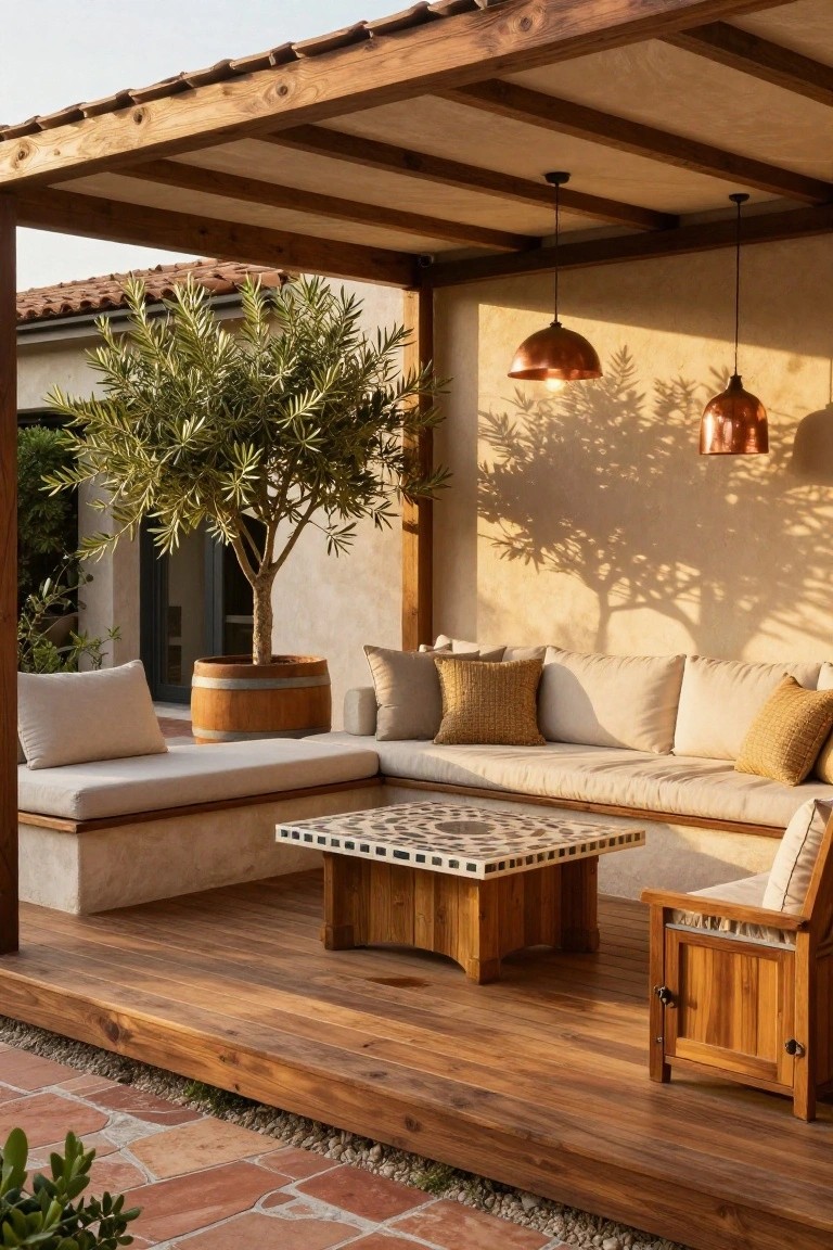 A raised wooden deck with built-in cushioned seating, a mosaic-topped coffee table, hanging copper pendant lights, and a large potted tree under a wooden pergola.