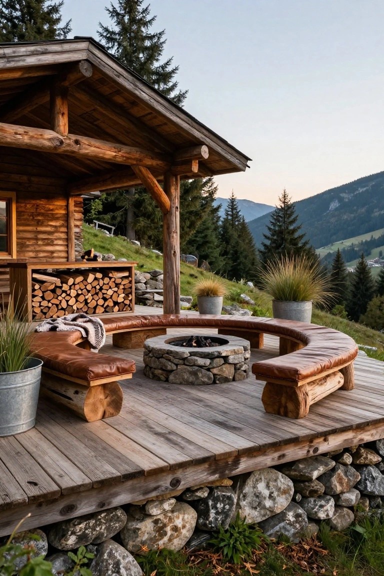 A wooden deck with a curved bench around a stone fire pit next to a log cabin, with firewood storage and mountains in the background.
