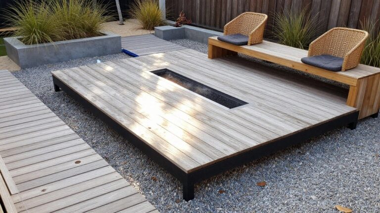 16 Creative Floating Wood Patio Designs for Flexible Outdoor Living A raised rectangular wooden deck with a built-in linear fire feature sits on gravel next to woven lounge chairs and a wooden walkway.