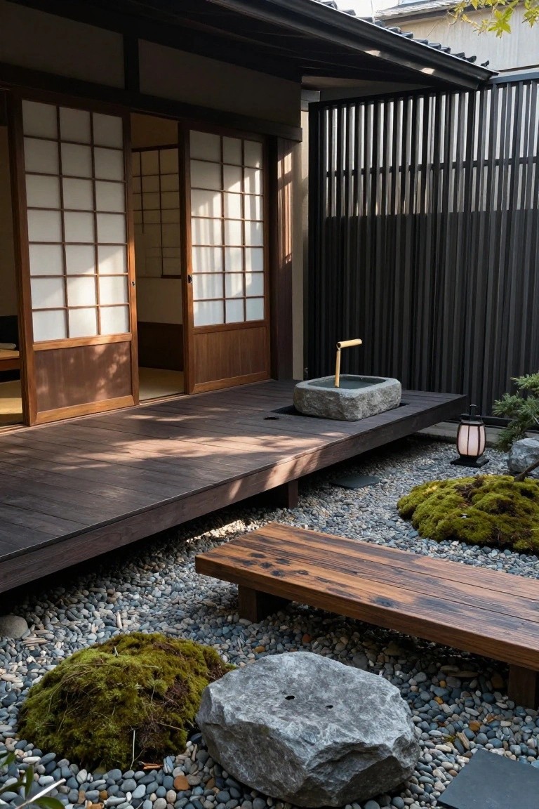 A raised dark wood deck extends from a house with shoji screens over a gravel garden that includes a stone water basin, a low bench, and moss-covered rocks.