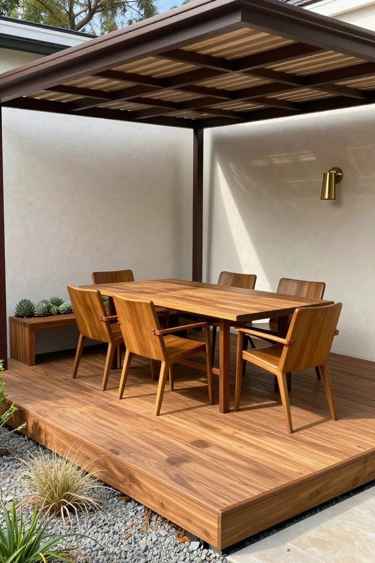 Wooden dining table with armchairs on deck under slatted pergola and brass sconce