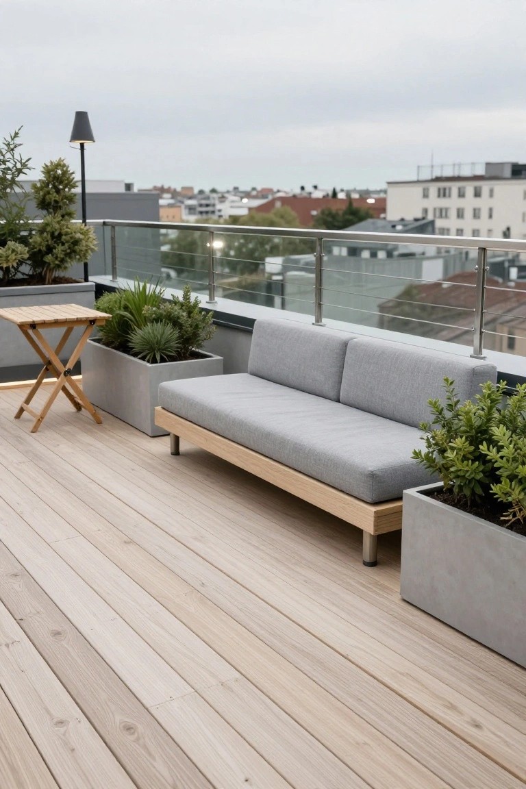A long gray upholstered sofa with a light wood base rests on a wooden deck beside two concrete planters, with a city skyline visible beyond a metal railing.