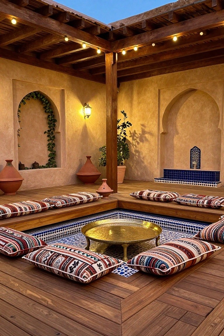 A wooden deck patio with colorful striped cushions placed around the perimeter of a central brass table set on a tiled section, framed by stucco walls with arched niches.