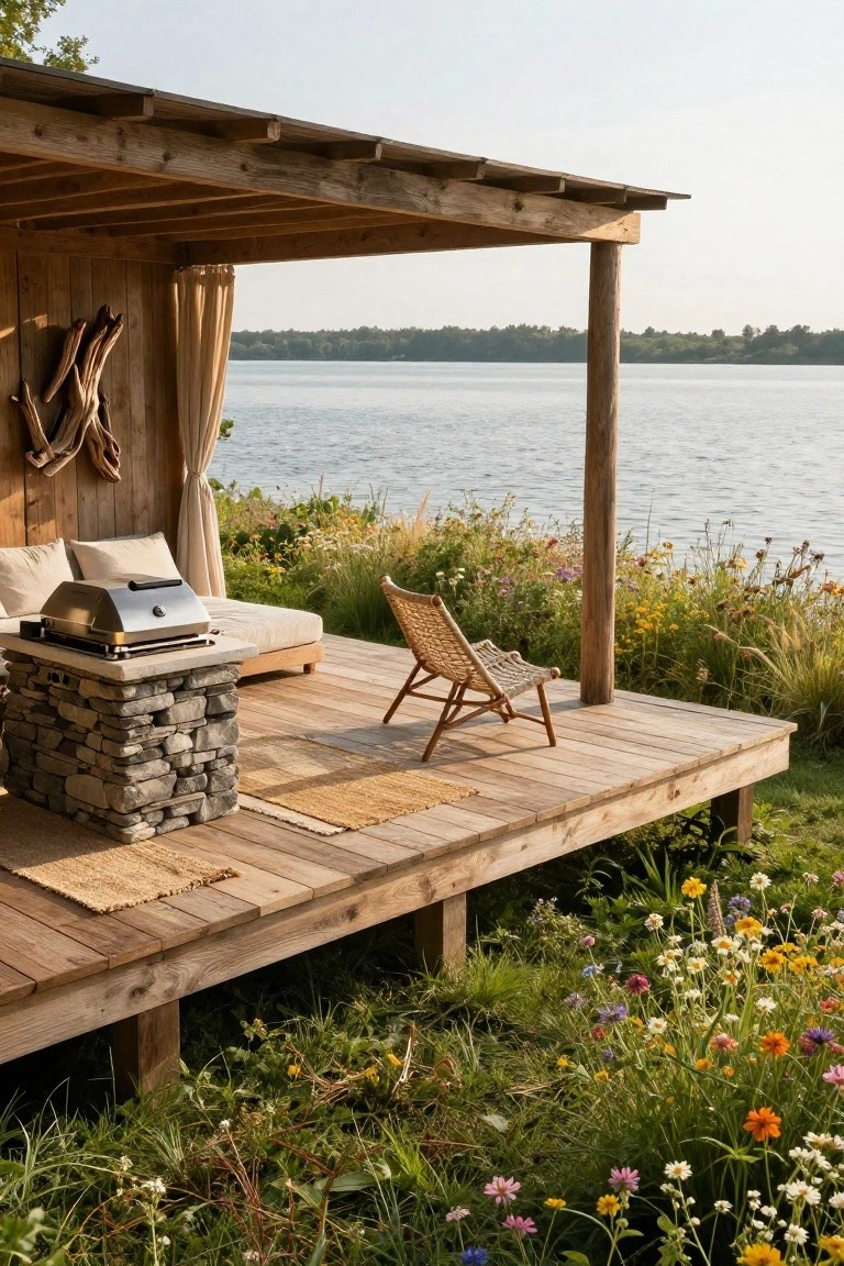 A wooden deck on posts extends over a lake with a covered section, stone grill, woven chair, and wildflowers along the shore.