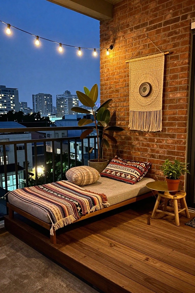 A low wooden platform daybed with striped textiles and pillows rests on a wooden balcony deck beside a brick wall.