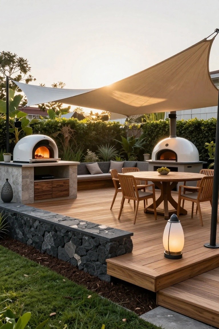 A wooden deck patio with two white pizza ovens, a round dining table with chairs, a built-in bench, shade sails overhead, and a stone retaining wall along the edge.
