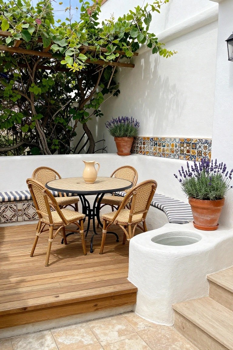 A raised wooden deck patio with a round table, four wicker chairs, striped cushions, and potted lavender plants against a white wall with tiled accents.