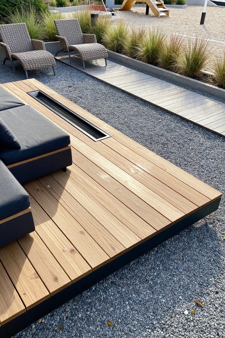 A raised rectangular wooden deck with a built-in linear fire feature sits on gravel next to woven lounge chairs and a wooden walkway.