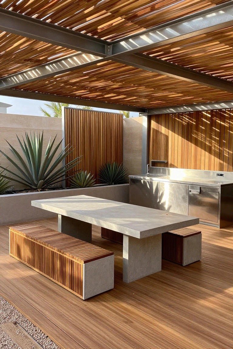 An outdoor patio with a long concrete dining table flanked by two slatted wood benches that have concrete ends, set under a wooden pergola next to a stainless steel outdoor kitchen.