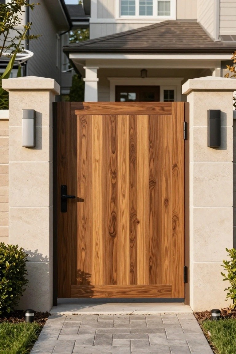 Wooden gate with vertical grain between stone pillars with modern lights