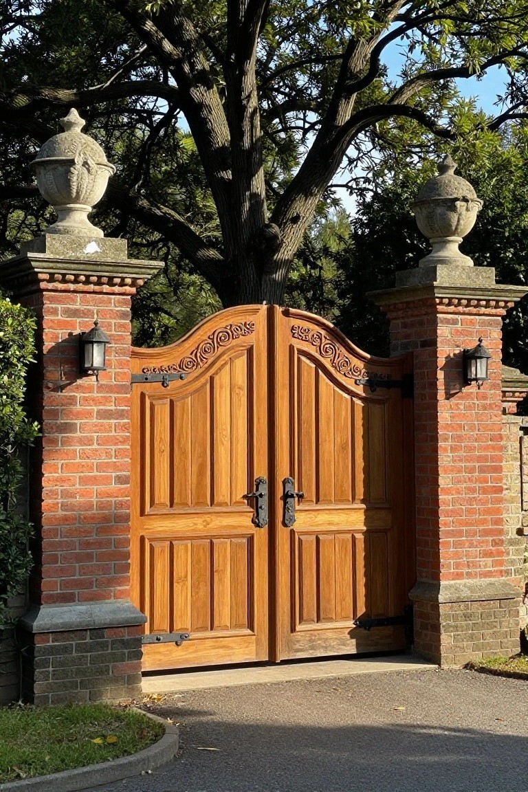 Double wooden gates with carved scrollwork along the arched tops, hung between brick pillars with stone urn finials.