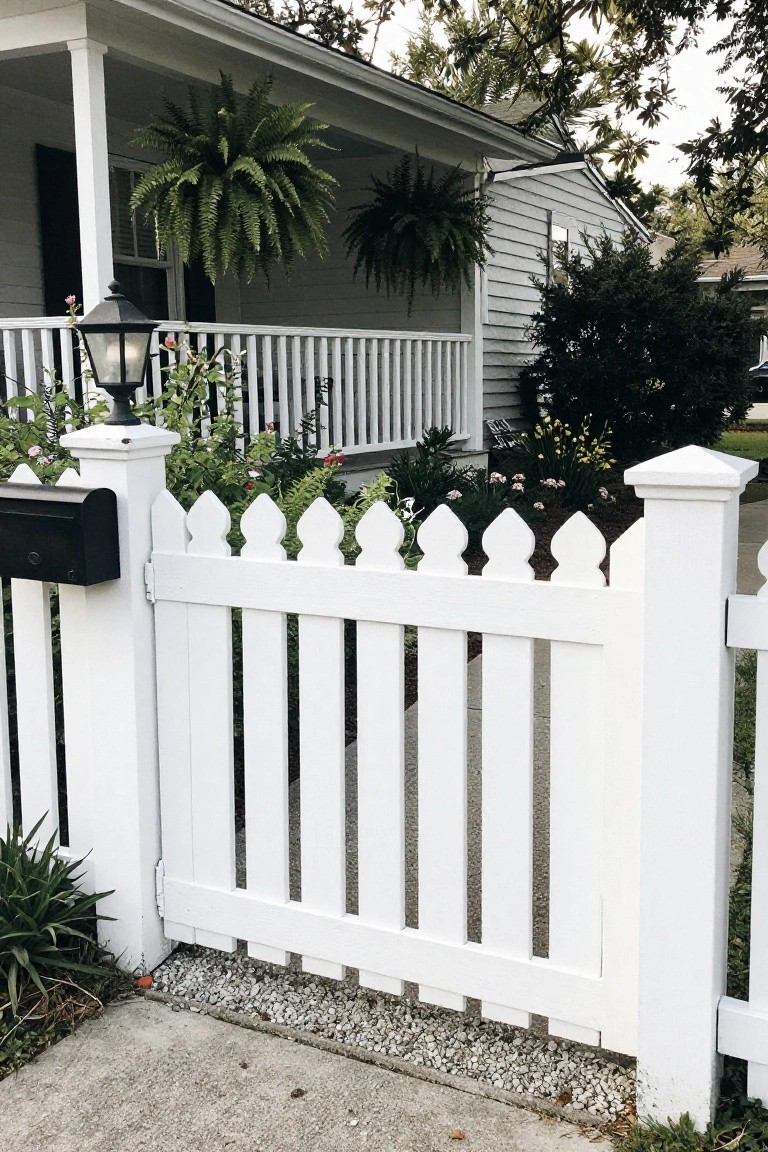 A white wooden picket gate with pointed tops stands partially open beside a house porch with hanging ferns and a black mailbox mounted on the post.