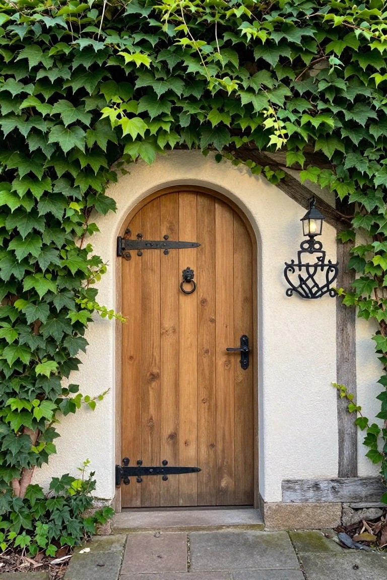 An arched wooden door with black metal hinges, handle, and knocker is set into a white wall covered in green ivy, with a black lantern mounted to the right.