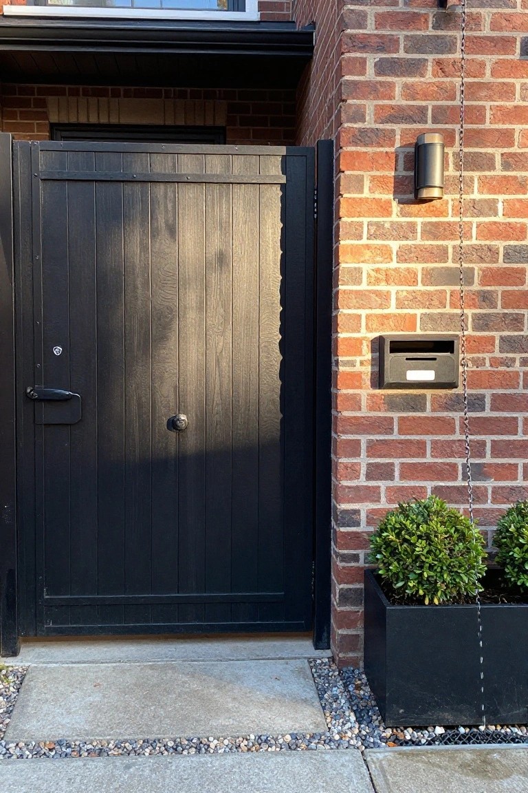 A dark wooden gate with vertical planks installed beside a red brick wall, with a mailbox, wall light, and two planters visible.