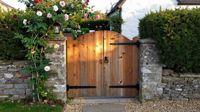 A wooden gate with black metal hinges and a ring pull, set between stone pillars with a gravel path in front.