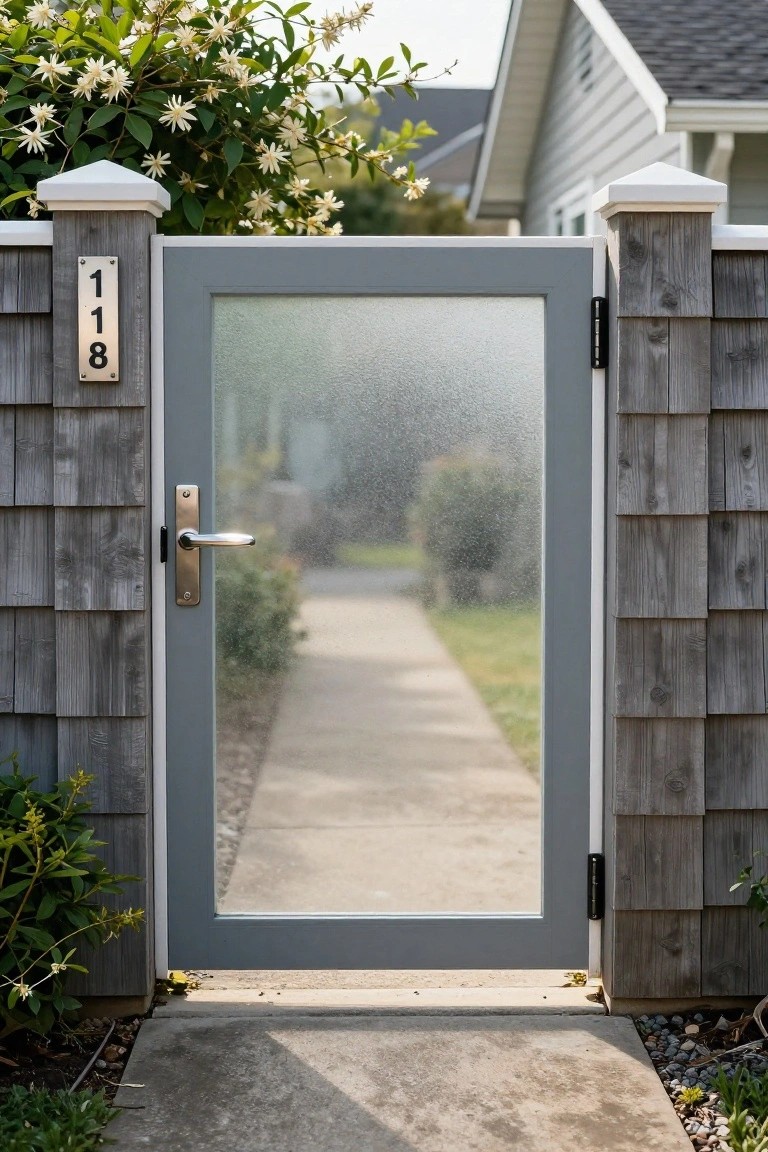 A gray gate with a large frosted glass panel is installed between weathered wood shingle fence posts, with the number 118 on a metal plate on the left post.