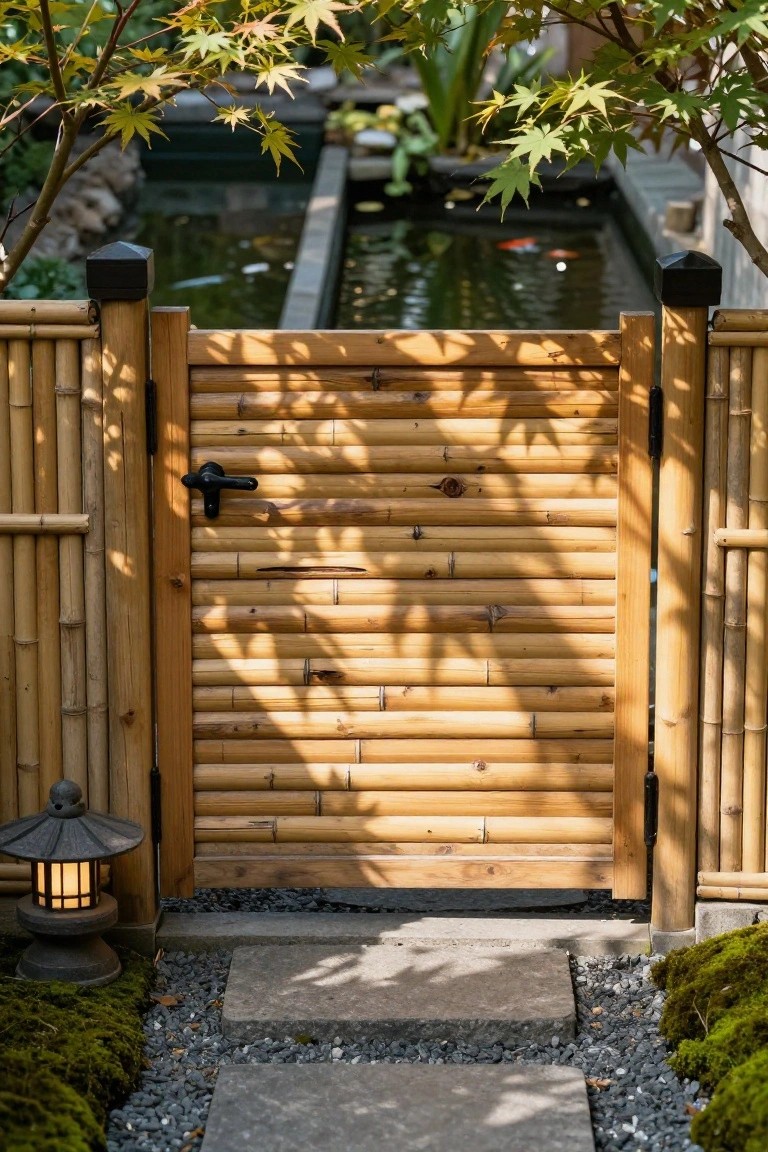 A wooden gate with horizontal slats set between bamboo fence posts beside a garden pond and stone path.
