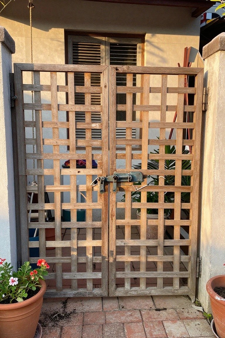 A pair of wooden lattice gates with a metal hasp latch and two padlocks stands open on a brick patio in front of a house.