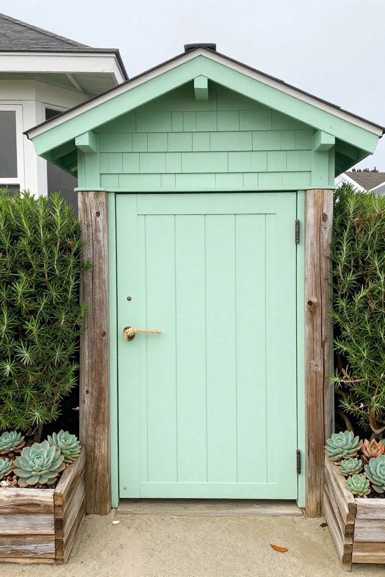 Mint green door with gold handle between wooden posts and succulent planters in boxes