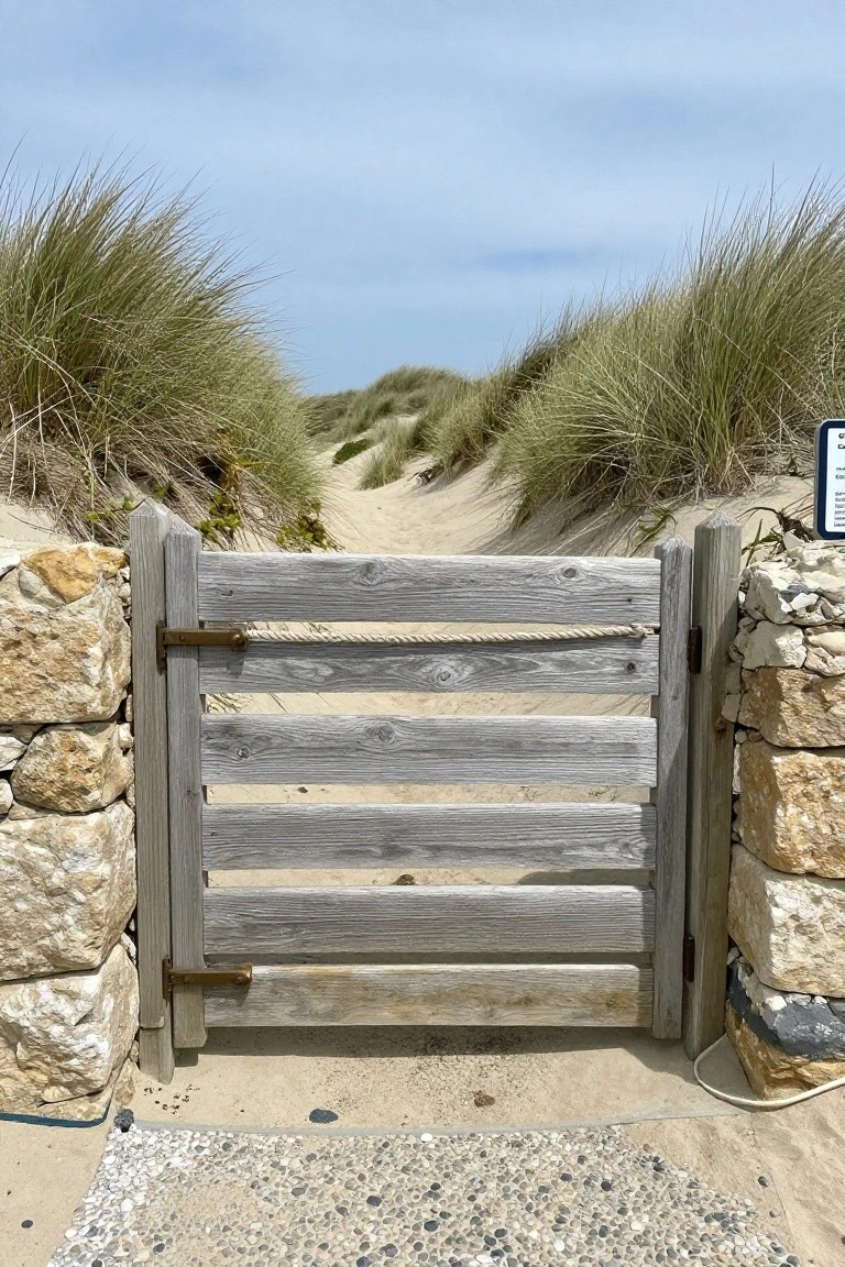 A weathered wooden gate with horizontal slats and a rope across the middle, framed by stone walls and opening onto a sandy path with grassy dunes.