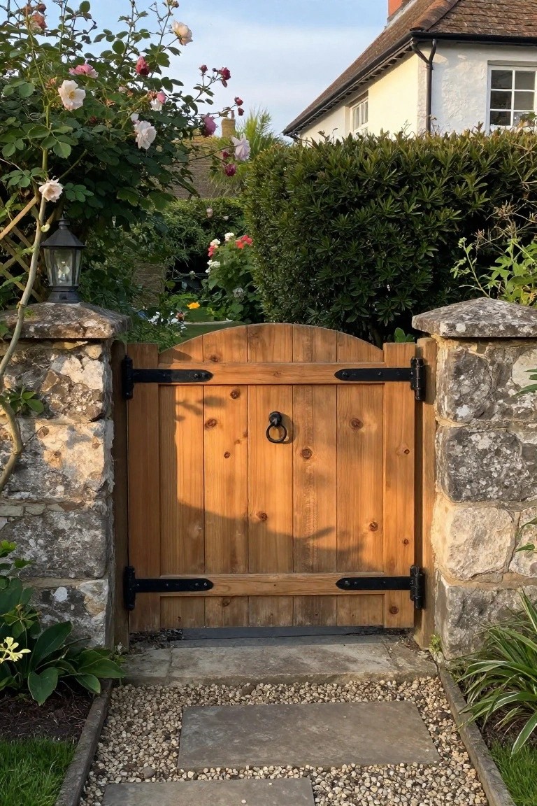 A wooden gate with black metal hinges and a ring pull, set between stone pillars with a gravel path in front.